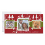 Red Green Grunge Pine Swirls Holiday Family Photo Customized Photo Card