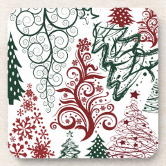 Red Green Holiday Christmas Tree Pattern Beverage Coasters