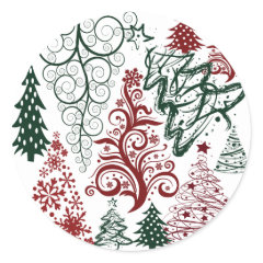 Red Green Holiday Christmas Tree Pattern Round Sticker