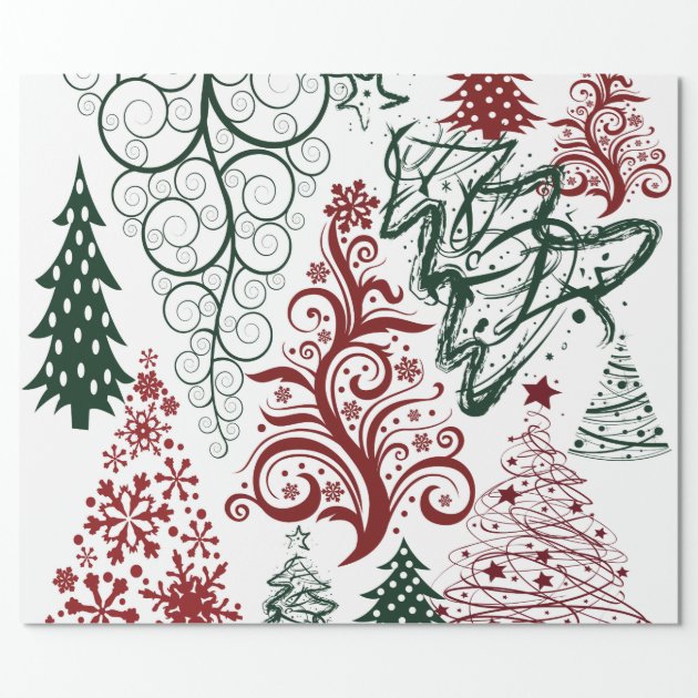 Red Green Holiday Christmas Tree Pattern Wrapping Paper 2/4