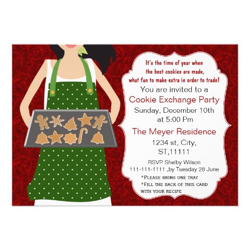 Red & Green Holiday Cookie swap Invite recipe card (front side)