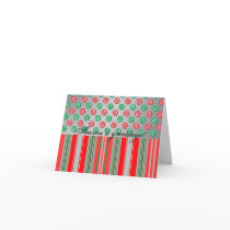 Red green snowflakes in circles on silver stripes card