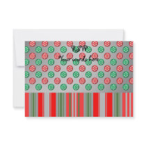 Red green snowflakes in circles on silver stripes announcements