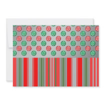 Red green snowflakes in circles on silver stripes custom invites