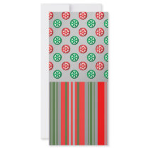 Red green snowflakes in circles on silver stripes customized rack card