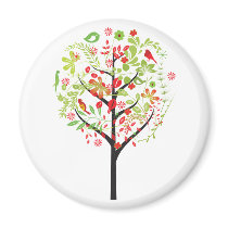 Red green tree and cute birds magnet