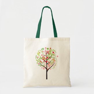 Red green tree and cute birds tote bag, bag