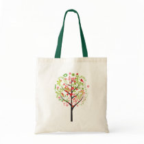 Red green tree and cute birds tote bag