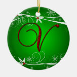Red Greens Holly Initial V Christmas Ornament