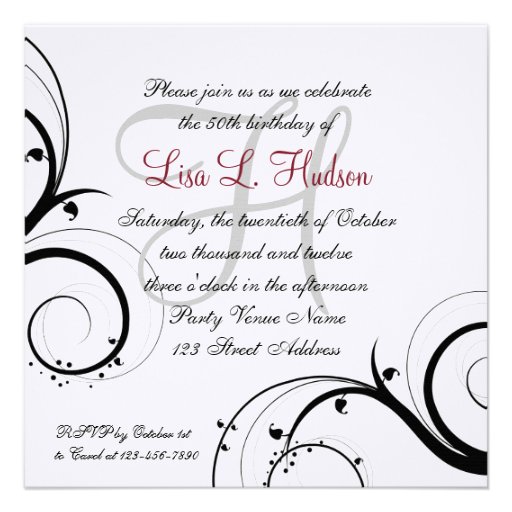 Red Grey Black White Swirls 50th Birthday Personalized Announcements (front side)