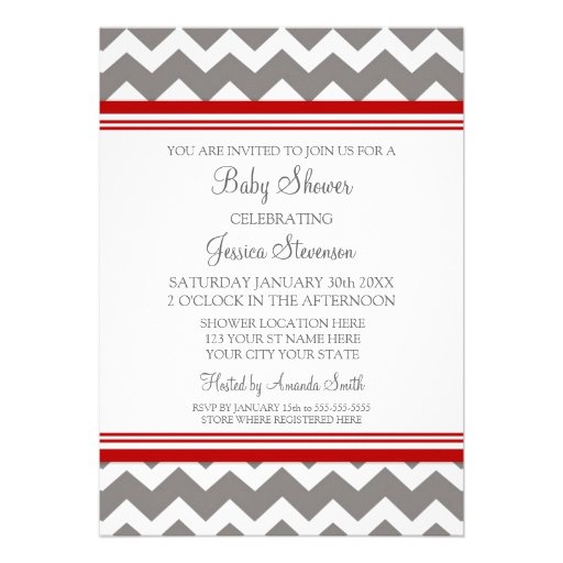 Red Grey Chevron Custom Baby Shower Invitations