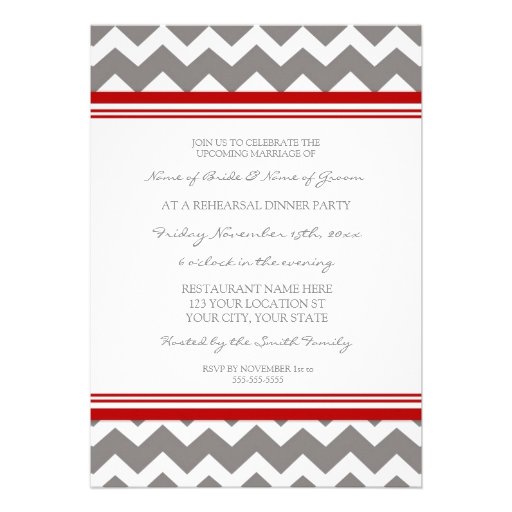 Red Grey Chevron Rehearsal Dinner Party Personalized Invitations