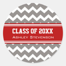 Red Grey Chevrons Graduation Custom Name Round Sticker