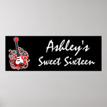 Red Guitar Rock Star Sweet 16 Banner Poster