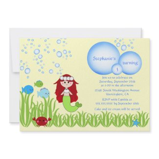 Red hair mermaid kids birthday party invitation invitation