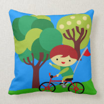 Red Haired Boy on Bicycle Pillow pillows