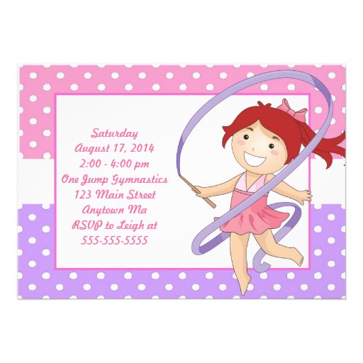 Red Haired Girl Gymnastics Birthday Invitations