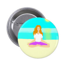 Red haired girl, yoga, om pose, beach, ocean, sun pinback button