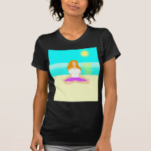 Red haired girl, yoga, om pose, beach, ocean, sun t-shirt