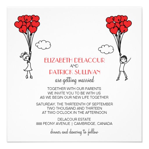 Red Heart Balloons Doodles Wedding Invitation