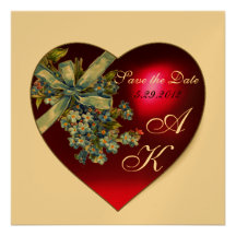 RED HEART & FORGET ME NOT MONOGRAM Gold Metallic Invite