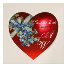 RED HEART & FORGET ME NOT MONOGRAM White Champagne Personalized Announcements