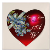 RED HEART & FORGET ME NOT MONOGRAM White Champagne Personalized Invite