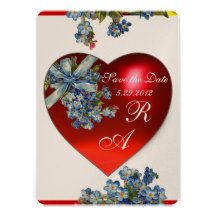 RED HEART & FORGET ME NOTS MONOGRAM blue champagne Invitations