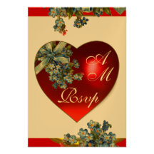 RED HEART & FORGET ME NOTS MONOGRAM blue gold Announcement