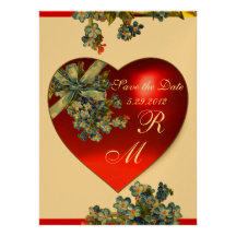 RED HEART & FORGET ME NOTS MONOGRAM blue gold Personalized Invite