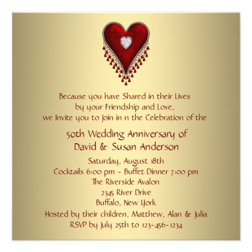 Red Heart Gold 50th Wedding Anniversary Party Custom Announcements