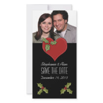 Red Heart & Green Holly Save The Date Photo Card