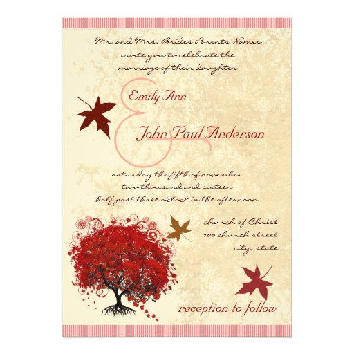 Red Heart Tree Fall Leaves Wedding Invitation