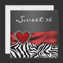 Red Heart Zebra Black White Sweet 16 Party Personalized Invitations