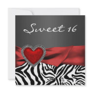 Red Heart Zebra Black White Sweet 16 Party invitation