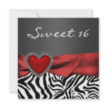 Red Heart Zebra Black White Sweet 16 Party invitations