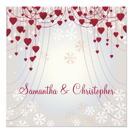Red Hearts on Radiant White and Snowflakes Wedding Custom Invites