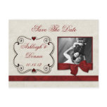 Red Hearts Scrolls Ribbon Photo Save The Date Postcards