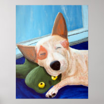 Red Heeler Cuddling Frog Painting Poster