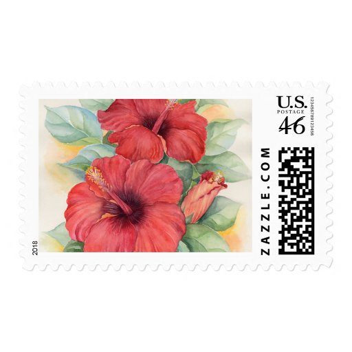 Red Hibiscus Tropical Flower Painting - Multi Postage Stamps