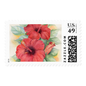 Red Hibiscus Tropical Flower Painting - Multi Postage Stamps