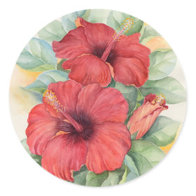 Red Hibiscus Tropical Flower Painting - Multi Classic Round Sticker