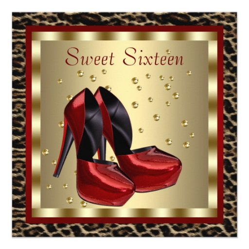Red High Heel Shoes Leopard Sweet Sixteen Birthday Personalized Invitations