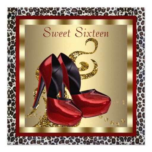 Red High Heel Shoes Leopard Sweet Sixteen Birthday Personalized Invitation