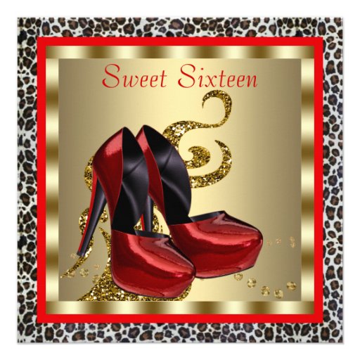 Red High Heel Shoes Leopard Sweet Sixteen Birthday Custom Invite