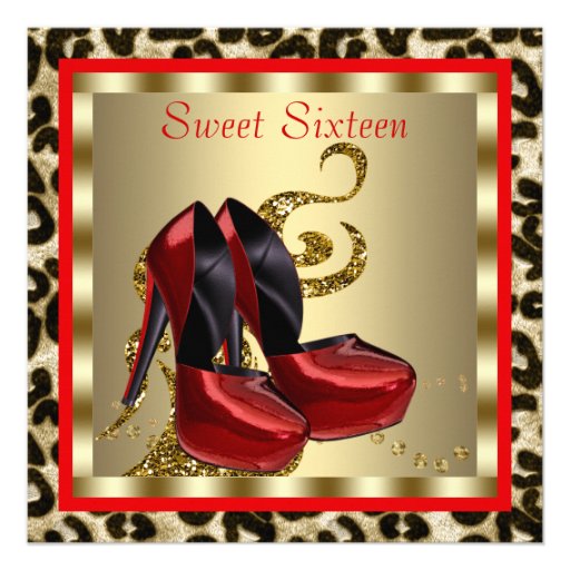 Red High Heel Shoes Leopard Sweet Sixteen Birthday Personalized Announcement