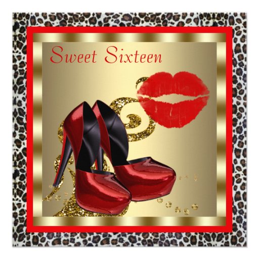 Red High Heel Shoes Leopard Sweet Sixteen Birthday Custom Invites