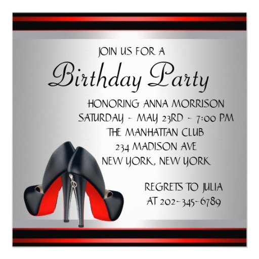 Red High Heel  Shoes Red Black Birthday Party Custom Announcement