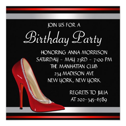 Red High Heel  Shoes Red Black Birthday Party Custom Announcement