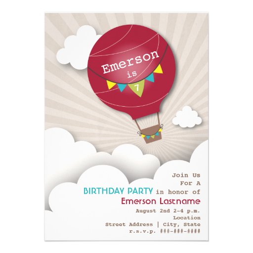 Red Hot Air Balloon & Clouds Kids' Birthday Custom Announcement